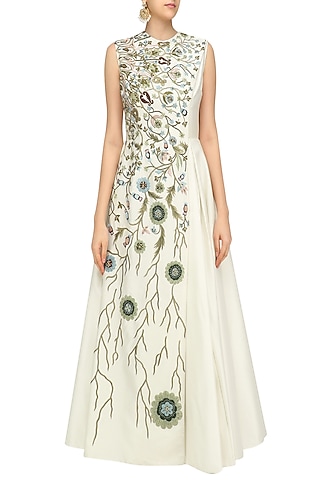Off White Gown with Floral Embroidery by Samant Chauhan