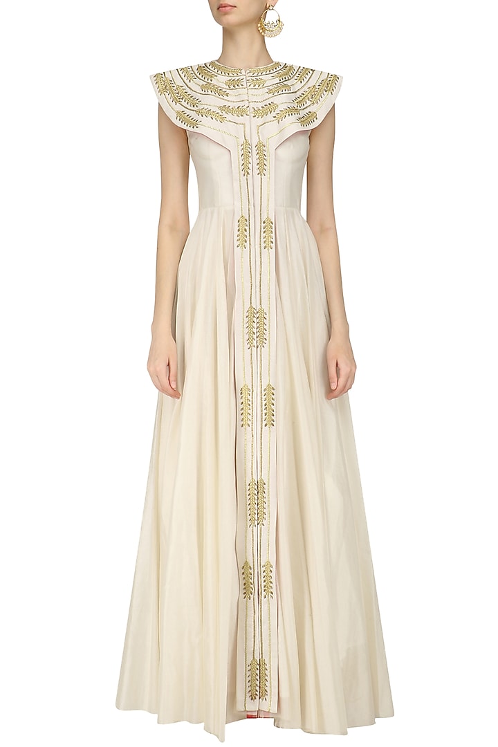 Ivory zari embroidered front open flared gown available only at Pernia's Pop Up Shop.