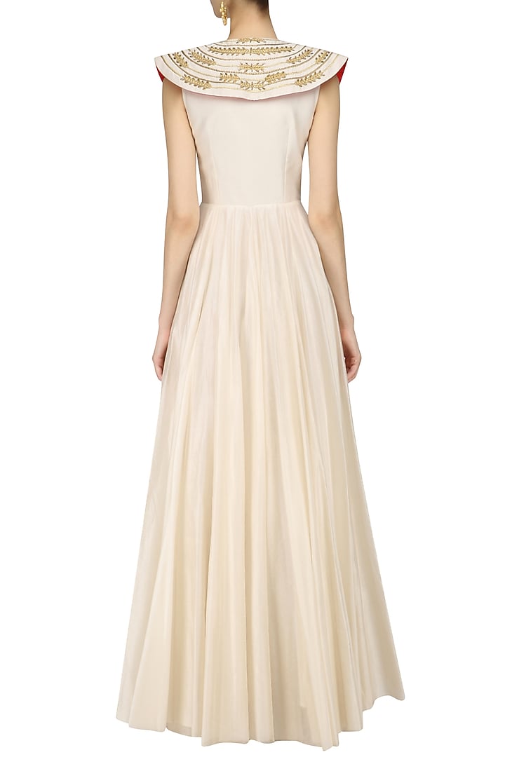 Ivory zari embroidered front open flared gown available only at Pernia's Pop Up Shop.