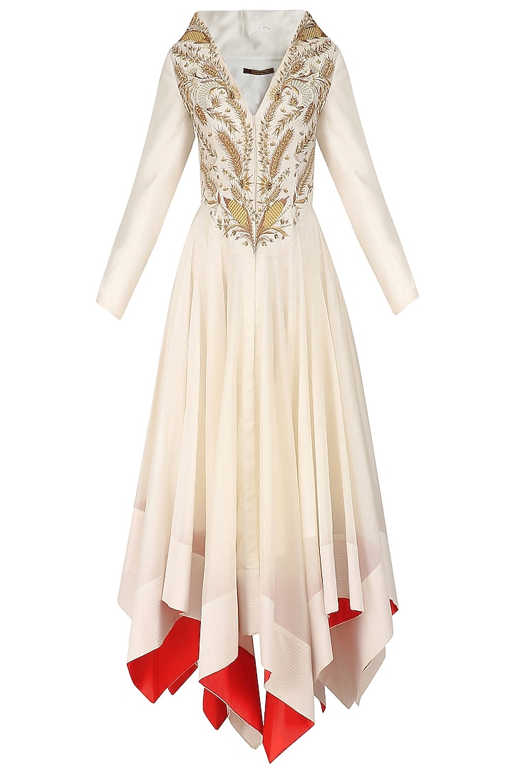 Ivory Zari Embroidered High Low Front Open Gown by Samant Chauhan