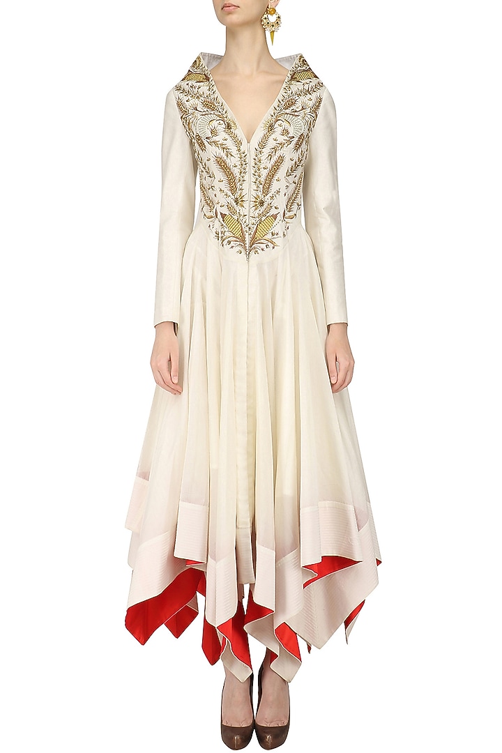 Ivory zari embroidered high low front open gown available only at Pernia's Pop Up Shop.