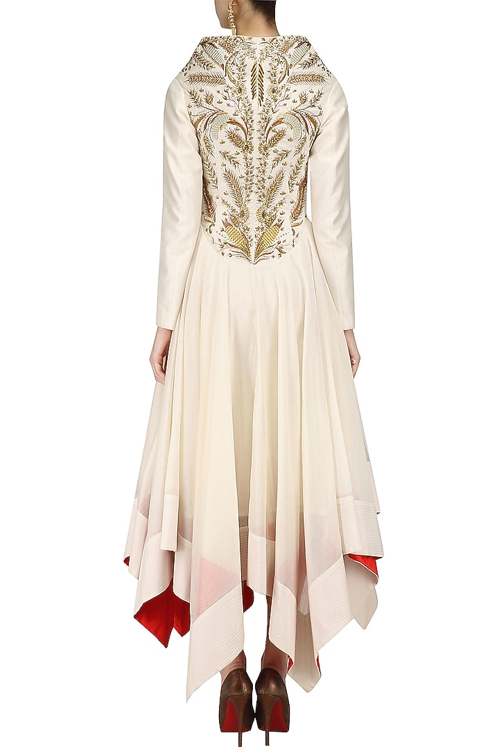 Ivory zari embroidered high low front open gown available only at Pernia's Pop Up Shop.