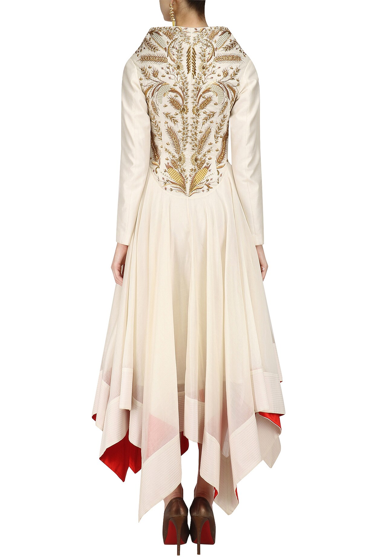 Maroon and Gold Zari Embroidered Front-Open Wedding Gown