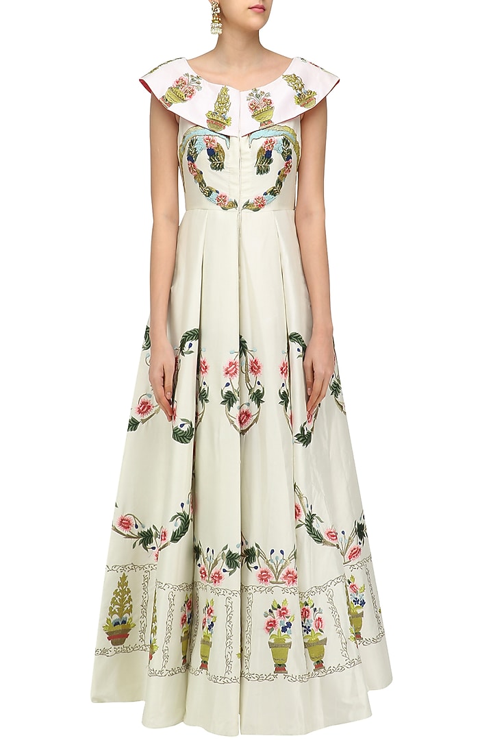 Off white embroiderd peplum style neckline flared gown available only at Pernia's Pop Up Shop.