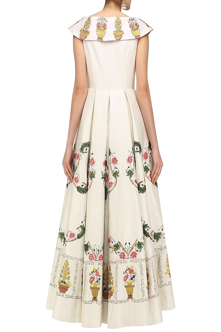 Off white embroiderd peplum style neckline flared gown available only at Pernia's Pop Up Shop.