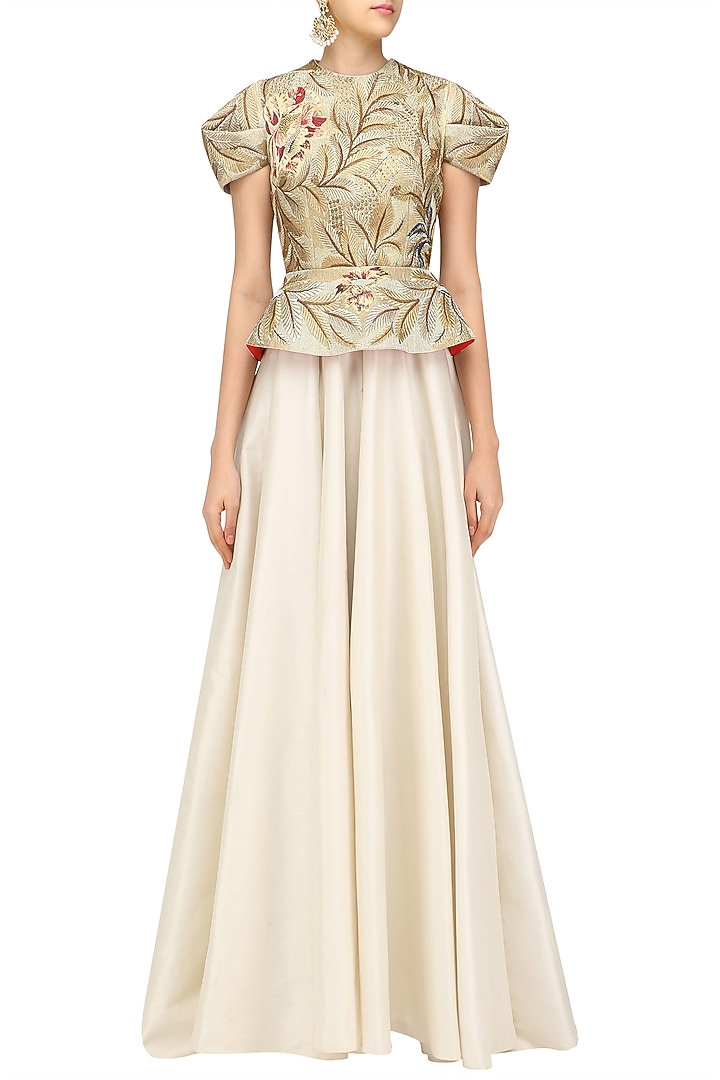 Off white and gold embroidered peplum gown available only at Pernia's Pop Up Shop.