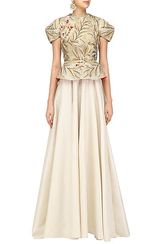 Off White and Gold Embroidered Peplum Gown by Samant Chauhan