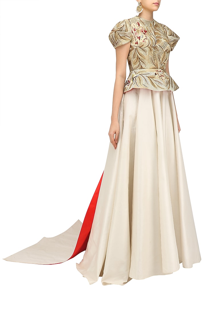 Off white and gold embroidered peplum gown available only at Pernia's Pop Up Shop.