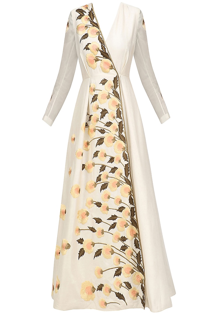Off White Pastel Embroiderd Long Sleeved Angrakha Gown by Samant Chauhan