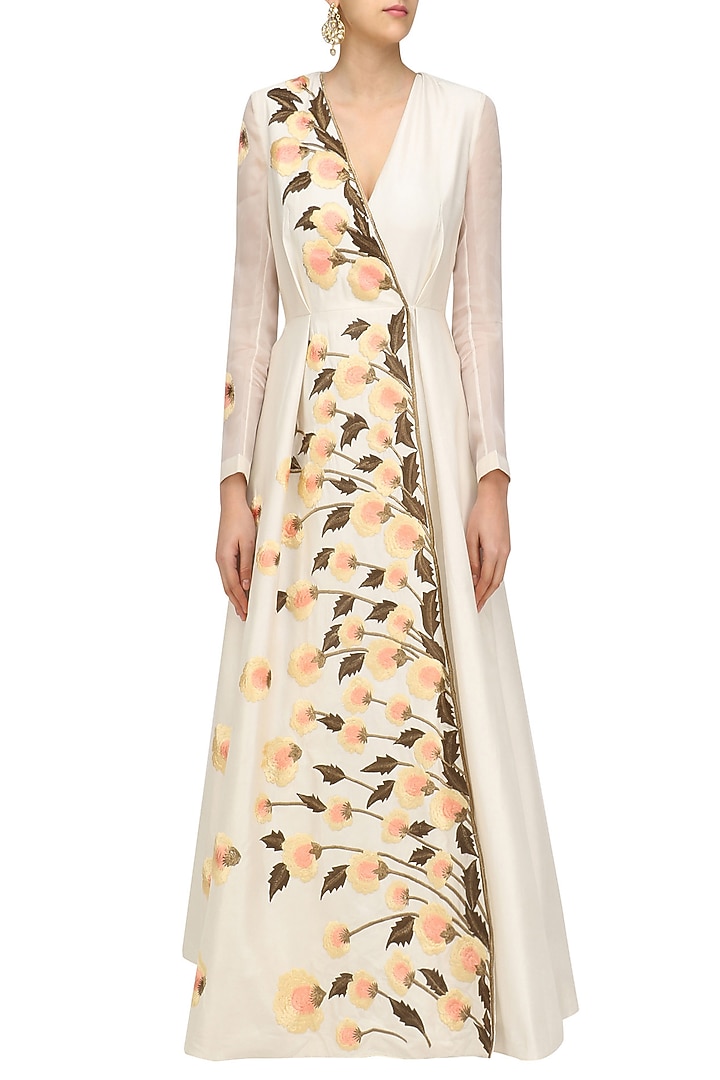 Off white pastel embroiderd long sleeved angrakha gown available only at Pernia's Pop Up Shop.