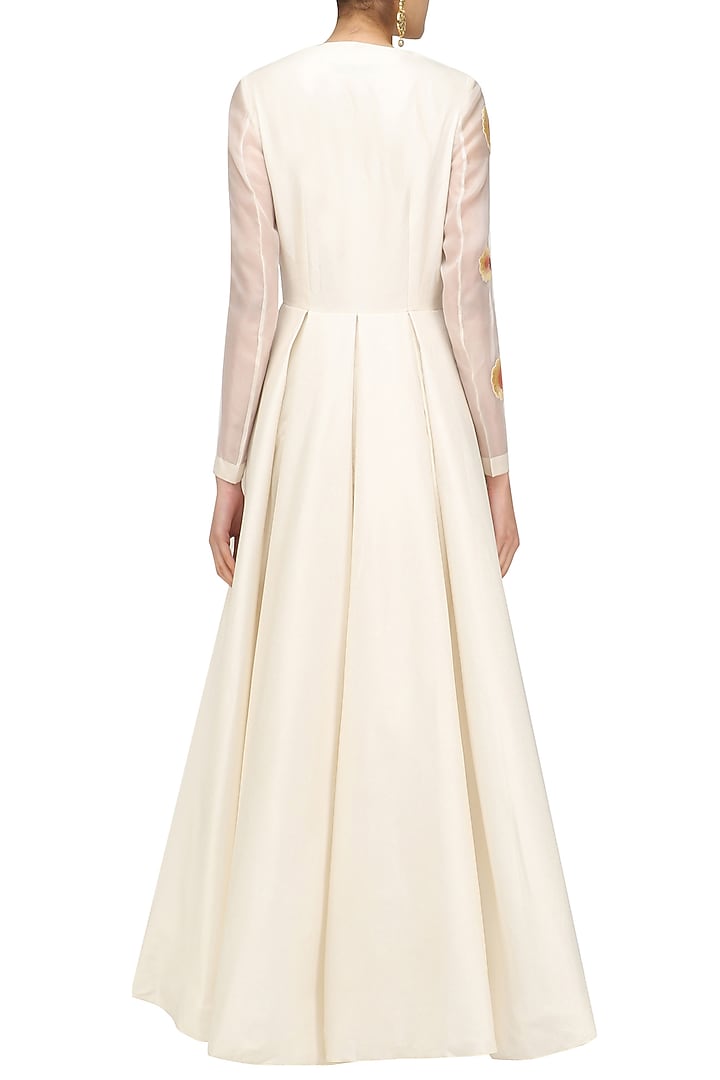 Off white pastel embroiderd long sleeved angrakha gown available only at Pernia's Pop Up Shop.