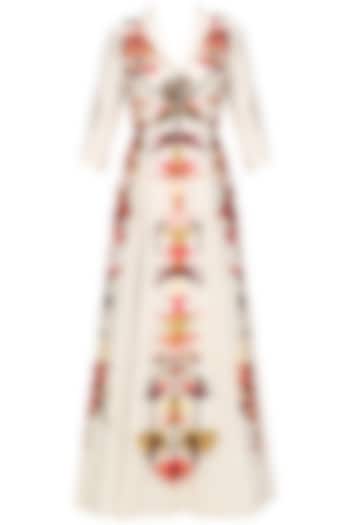 Off White Bird and Floral Design Front Open Gown by Samant Chauhan