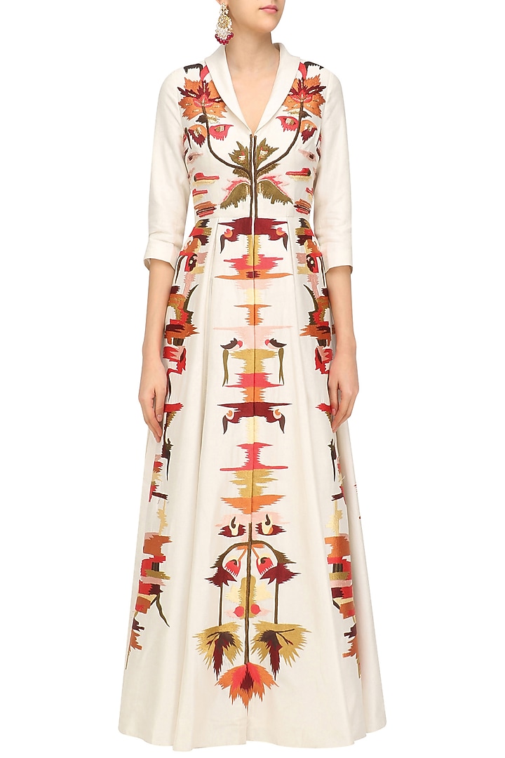 Off white bird and floral design front open gown available only at Pernia's Pop Up Shop.