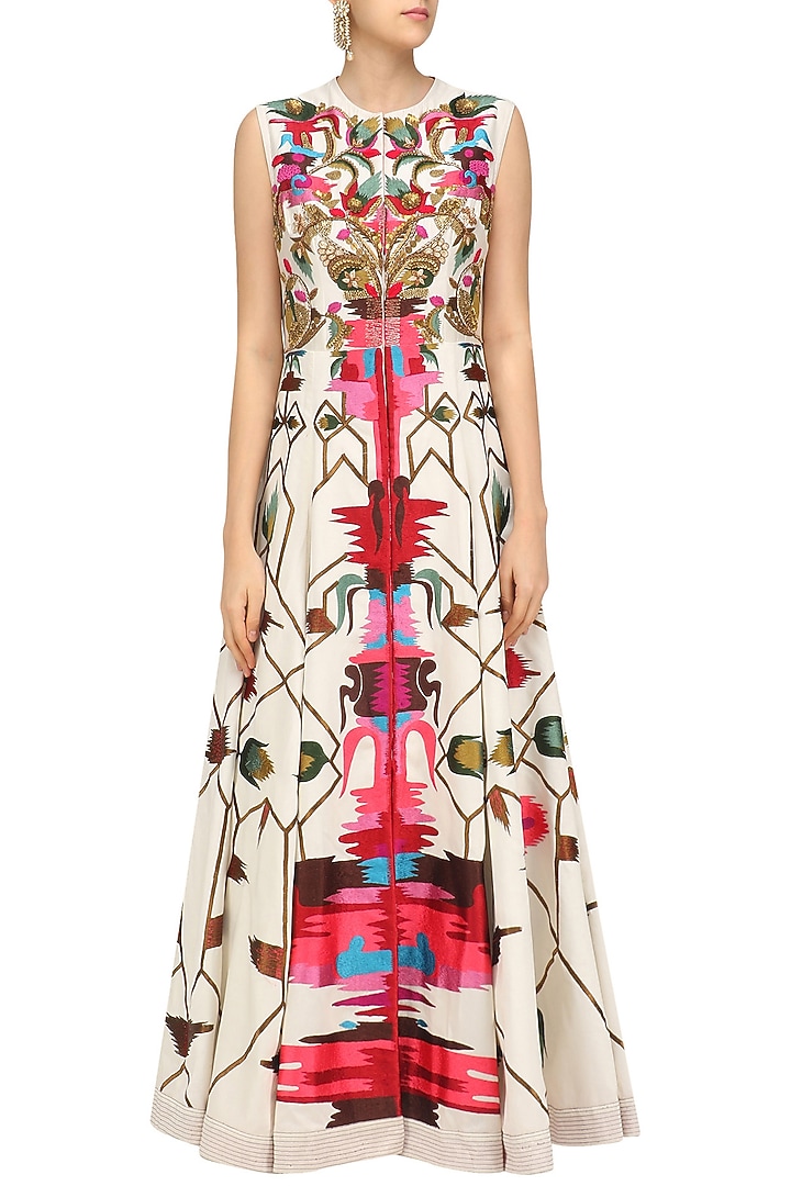Off white abstract design embroidered front open gown available only at Pernia's Pop Up Shop.