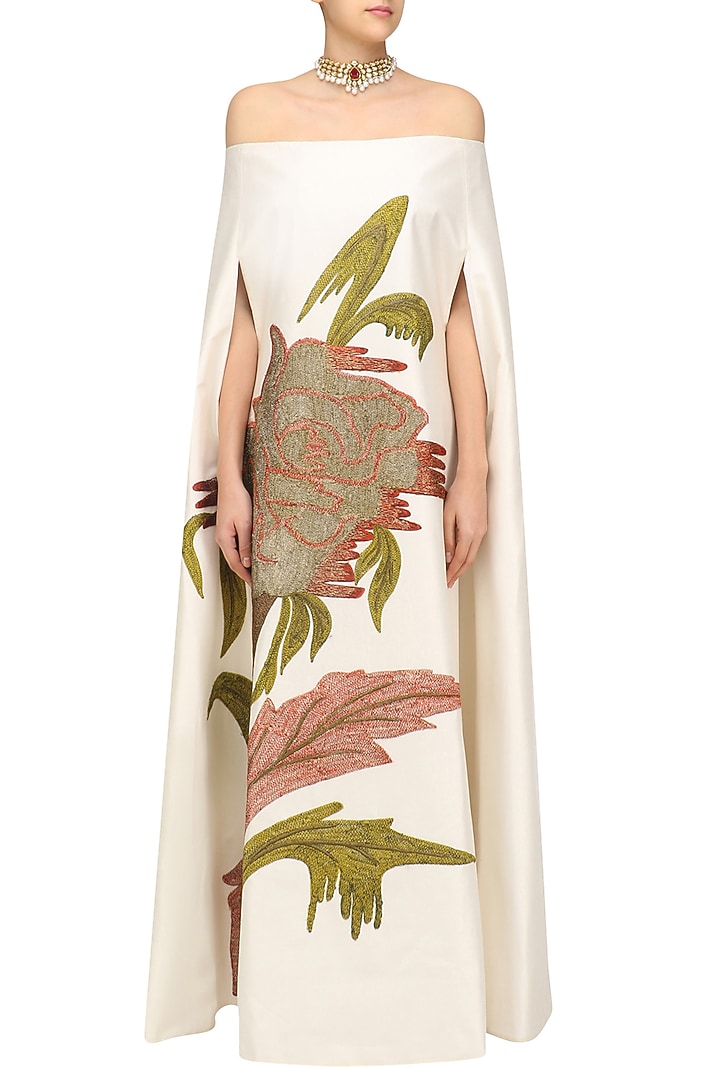 Off whitebig flower off shoulder A line kaftan style gownavailable only at Pernia's Pop Up Shop.