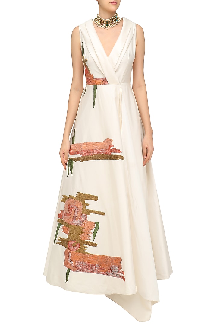 Off white embroidered angrakha gown available only at Pernia's Pop Up Shop.