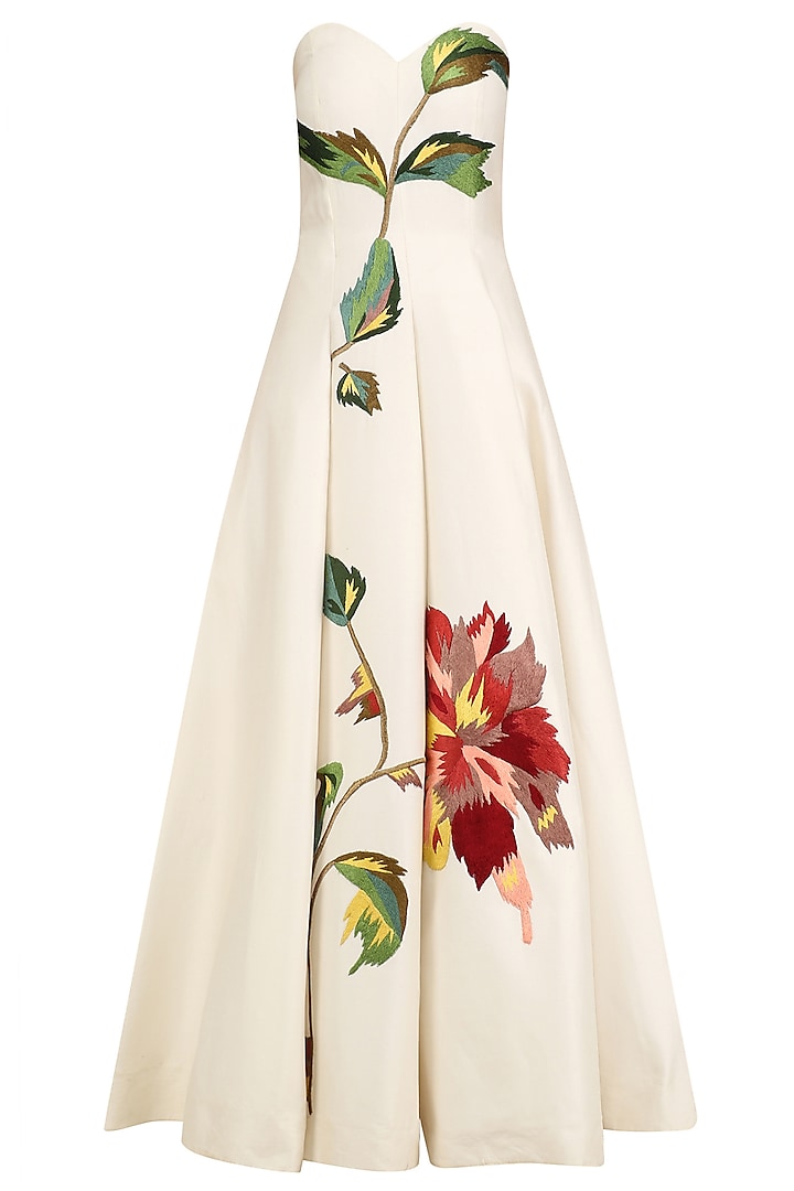 Off White Big Flower Embroidered Off Shoulder Gown by Samant Chauhan