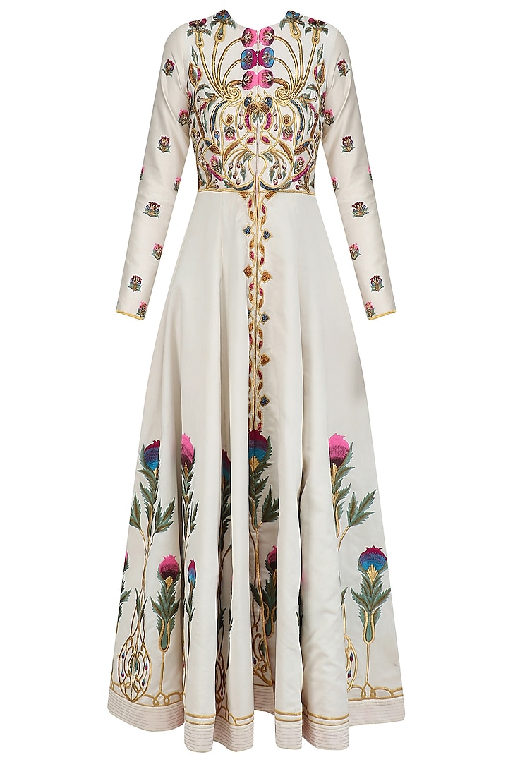 Off White Floral Embroidered Front Open Gown by Samant Chauhan
