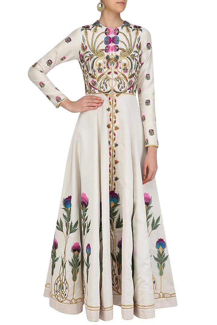 Off white floral embroidered front open gown available only at Pernia's Pop Up Shop.