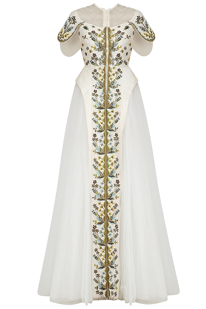 Off White Front Open Embroidered Gathered Gown by Samant Chauhan