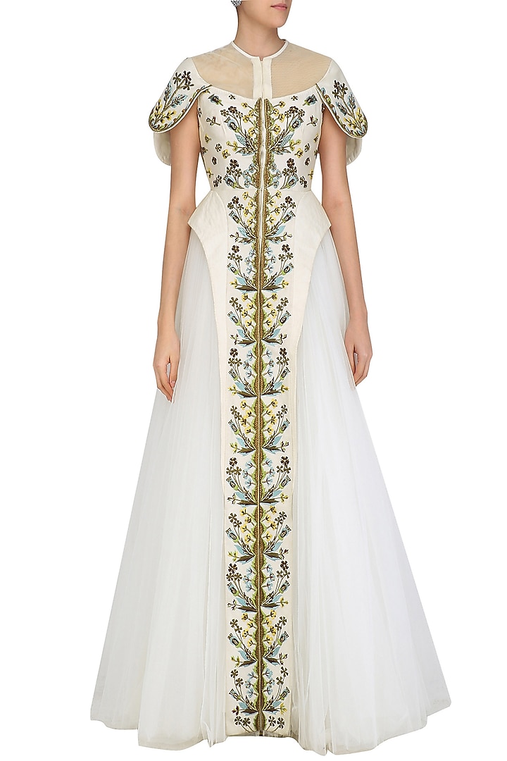 Off white front open embroidered gown with gathers available only at Pernia's Pop Up Shop.