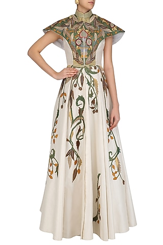 Off White Cape Style Flared Gown by Samant Chauhan