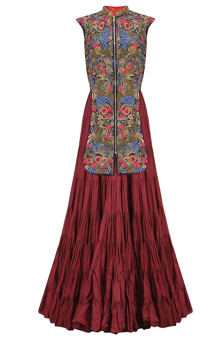 Red and Blue Panel Floral Embroidered Crinkled Gown by Samant Chauhan