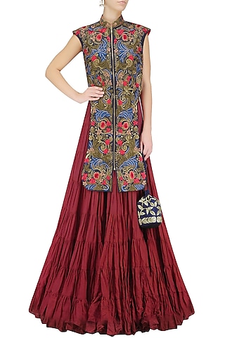 Red and Blue Panel Floral Embroidered Crinkled Gown by Samant Chauhan