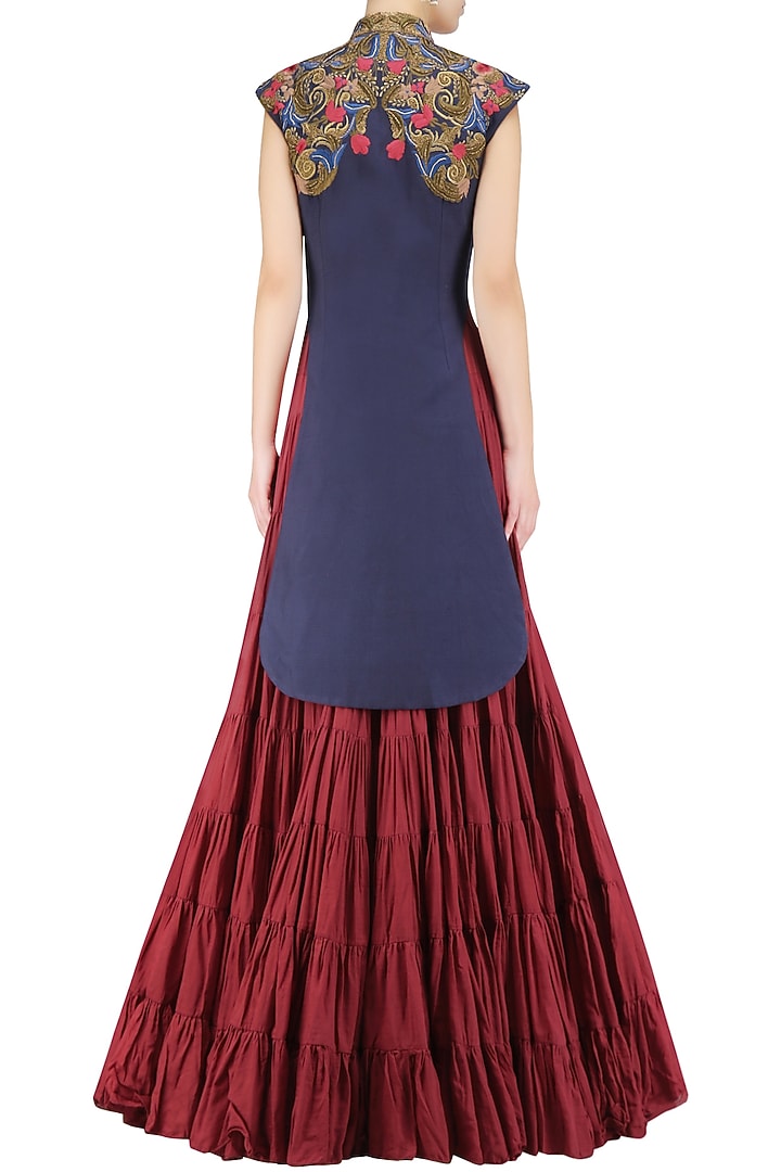 Red and blue panel floral embroidered crinkled gown available only at Pernia's Pop Up Shop.