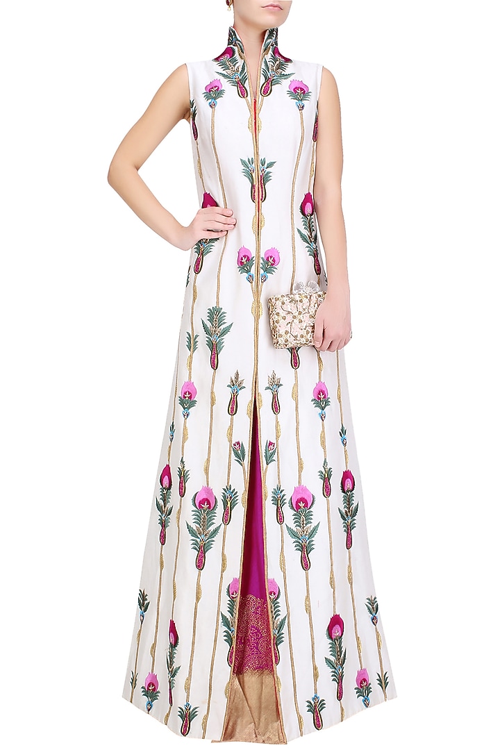 Off white silk thread and zari embroidered jacket with pink skirt available only at Pernia's Pop Up Shop.