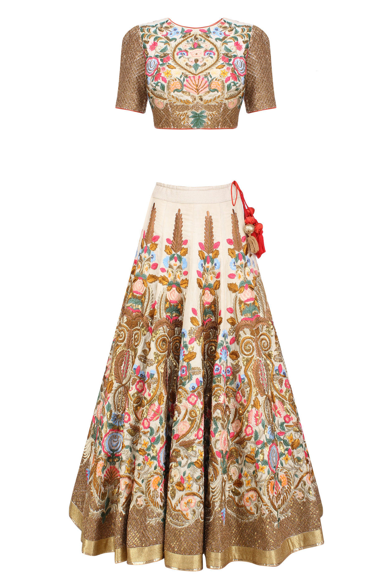 Gold silk thread and zari floral embroidered sheer kalidaar gown available only at Pernia's Pop Up Shop.