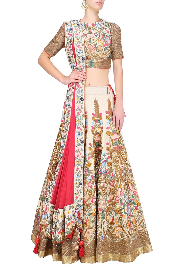 Gold silk thread and zari floral embroidered sheer kalidaar gown available only at Pernia's Pop Up Shop.