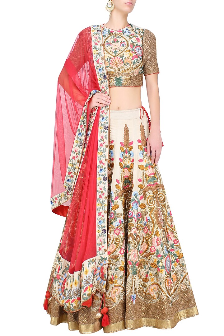 Gold silk thread and zari floral embroidered sheer kalidaar gown available only at Pernia's Pop Up Shop.