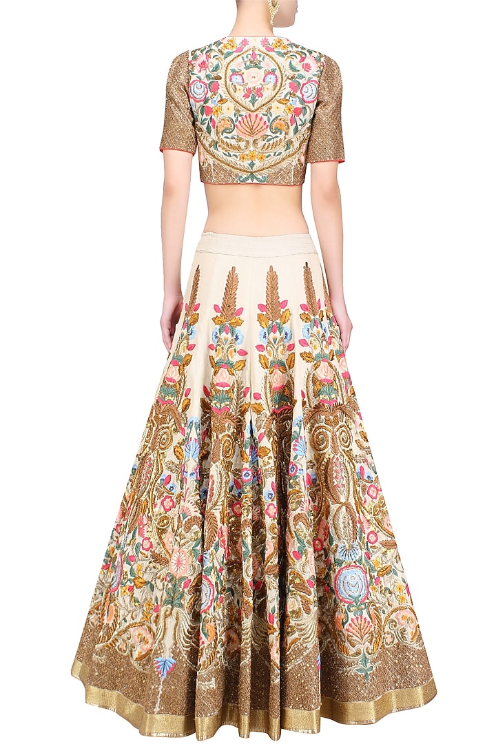 Gold silk thread and zari floral embroidered sheer kalidaar gown available only at Pernia's Pop Up Shop.