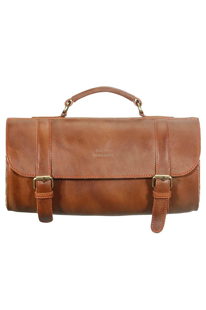 Brown silk thread and zari embroidered round cylindrical leather bag available only at Pernia's Pop Up Shop.