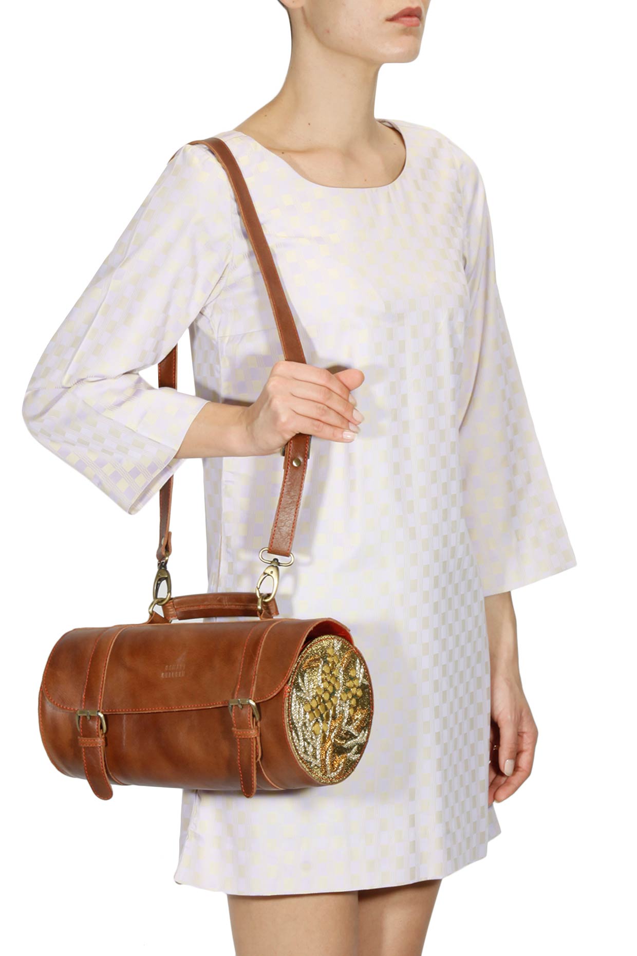 Brown silk thread and zari embroidered round cylindrical leather bag available only at Pernia's Pop Up Shop.