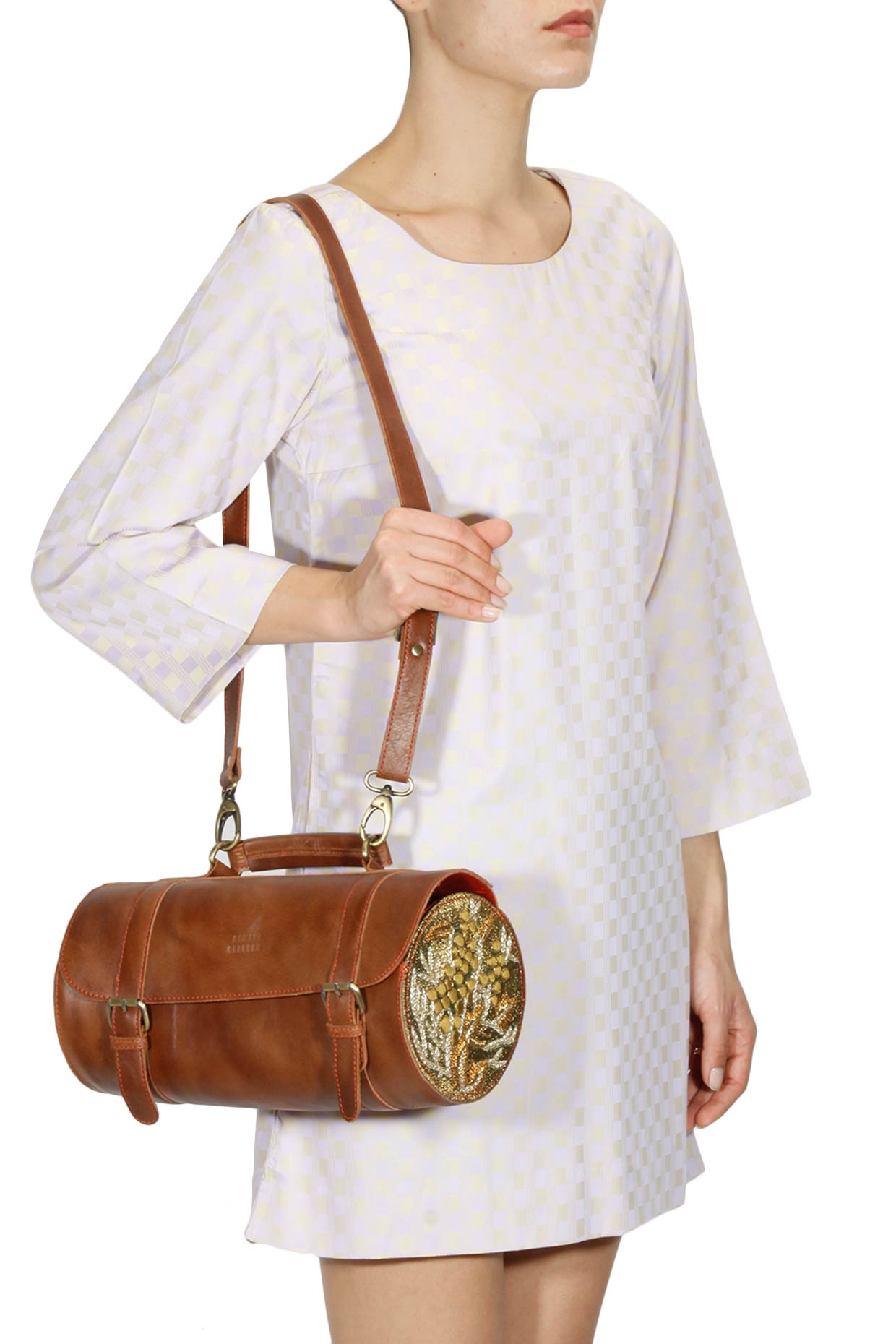 Brown silk thread and zari embroidered round cylindrical leather bag by Samant Chauhan Accessories