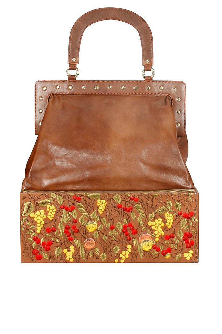 Brown silk thread embroidered oversized leather bag available only at Pernia's Pop Up Shop.