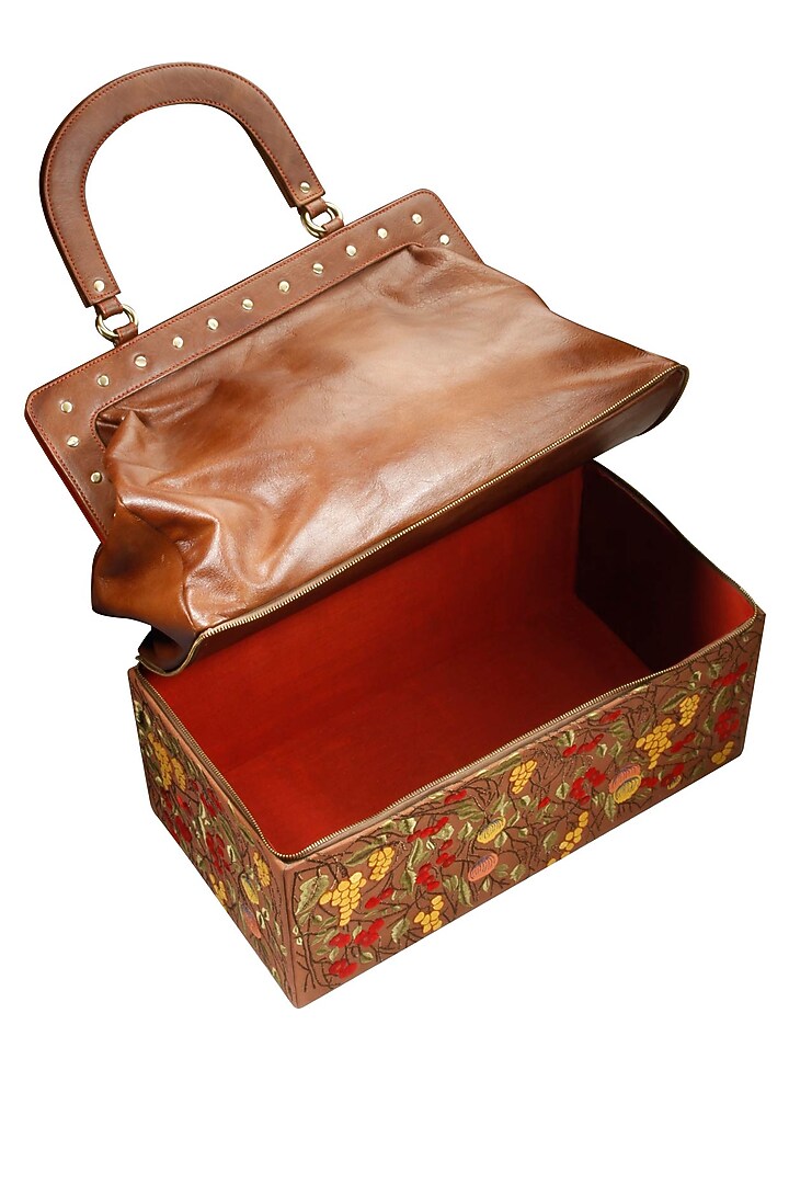 Brown silk thread embroidered oversized leather bag available only at Pernia's Pop Up Shop.