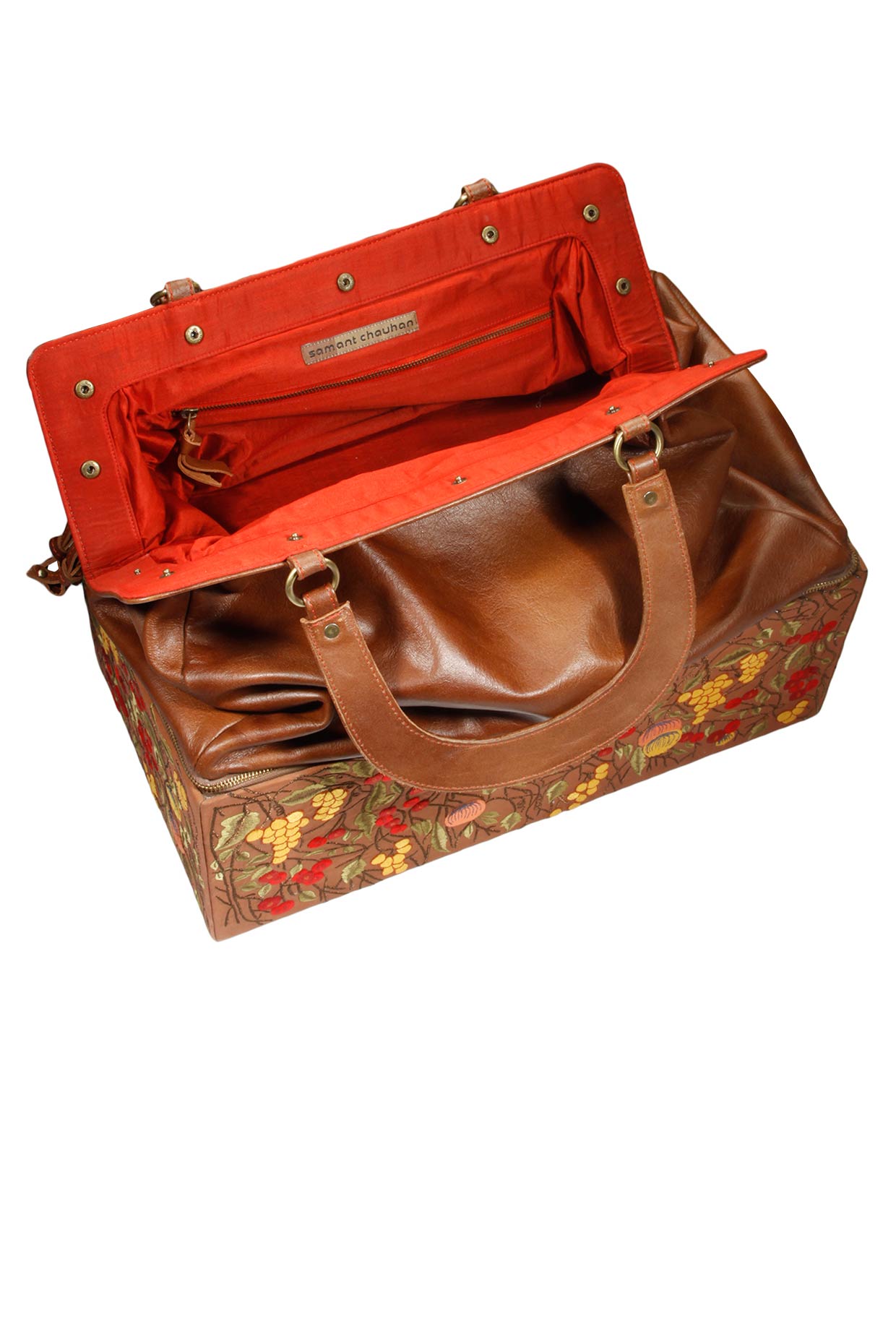 Brown silk thread embroidered oversized leather bag available only at Pernia's Pop Up Shop.