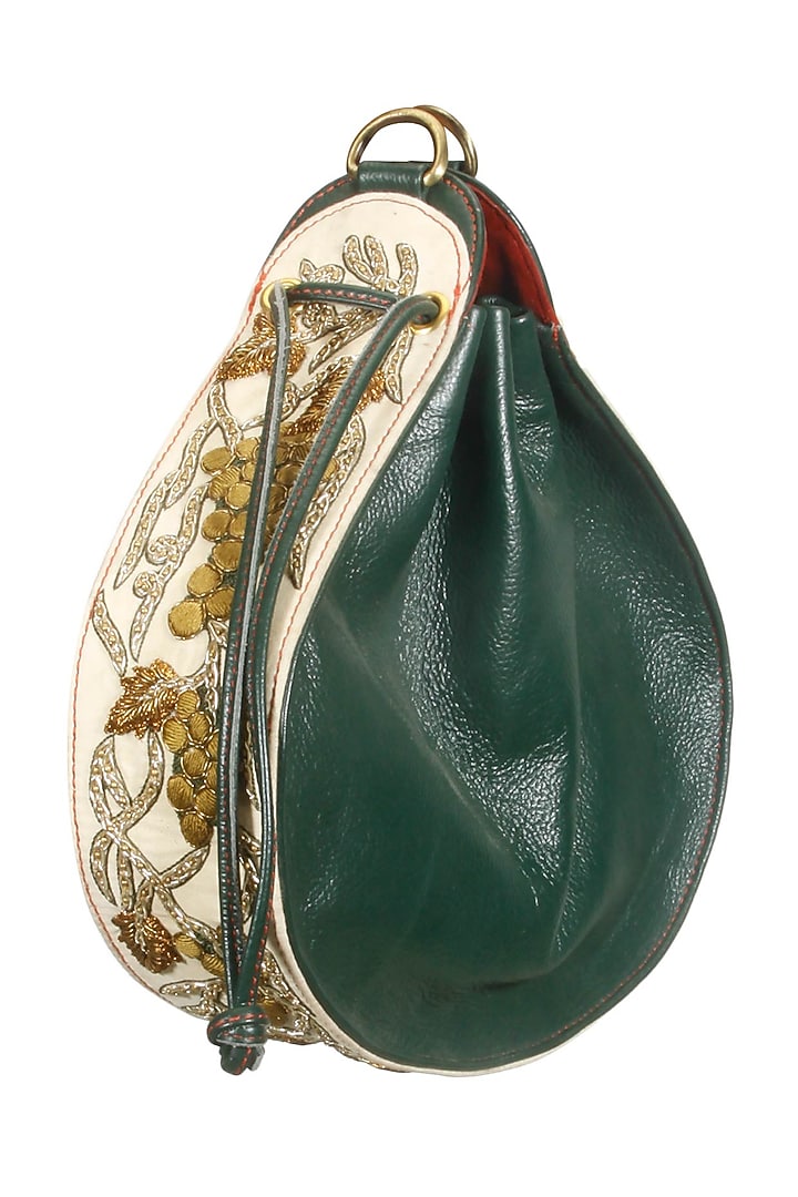 Olive green and white silk thread and dabka embroidered round leather bag available only at Pernia's Pop Up Shop.