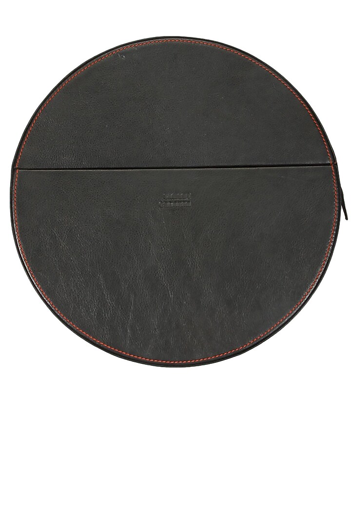 Olive green and white silk thread and dabka embroidered round leather bag available only at Pernia's Pop Up Shop.