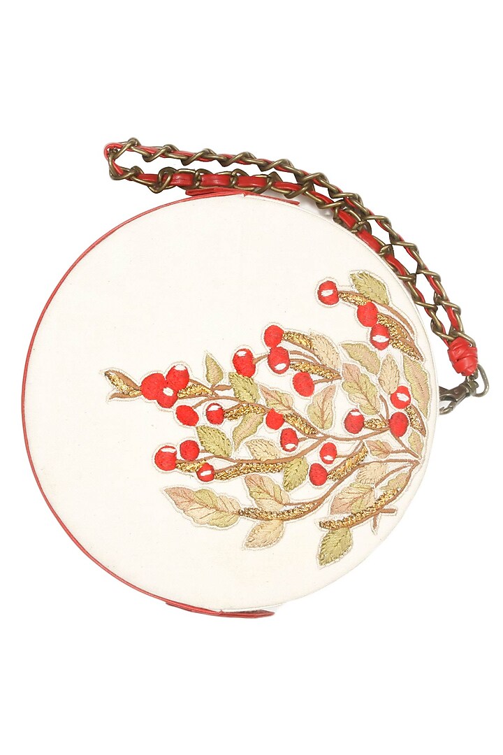 White and red silk thread and zari embroidered handcase bag available only at Pernia's Pop Up Shop.