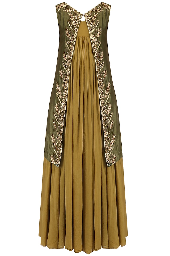 Mustard Pleated Tunic and Olive Green Zari Work Jacket by Samant Chauhan