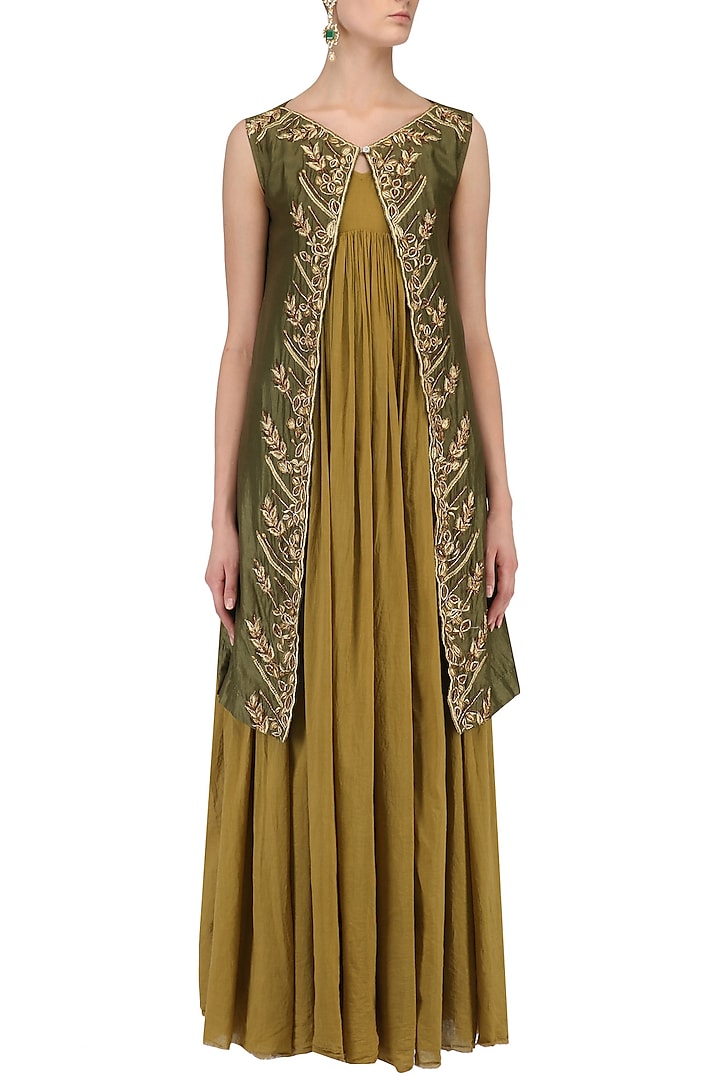 Mustard pleated tunic and olive green zari work jacket available only at Pernia's Pop Up Shop.