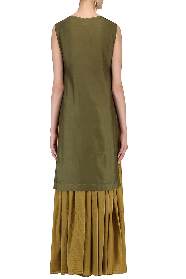 Mustard pleated tunic and olive green zari work jacket available only at Pernia's Pop Up Shop.
