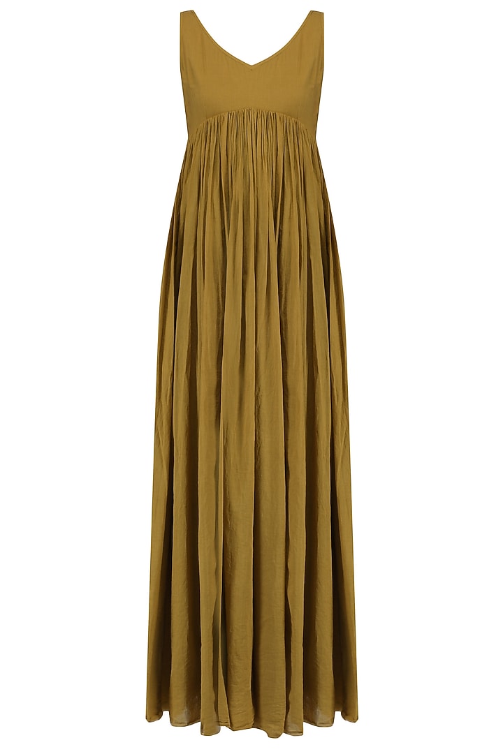 Mustard pleated tunic and olive green zari work jacket available only at Pernia's Pop Up Shop.