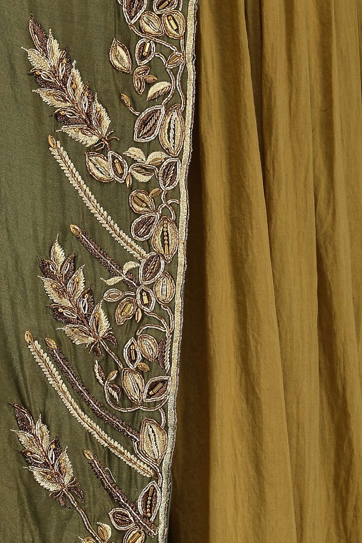 Mustard pleated tunic and olive green zari work jacket available only at Pernia's Pop Up Shop.
