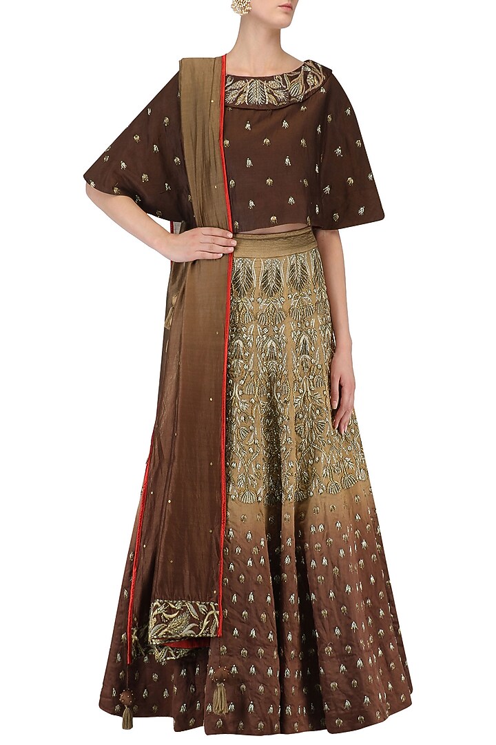 Beige and brown shaded zari embroidered lehenga set available only at Pernia's Pop Up Shop.