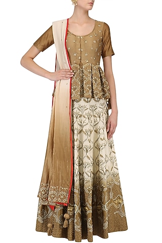 Cream and Brown Shaded Zari Embroidered Lehenga Set by Samant Chauhan